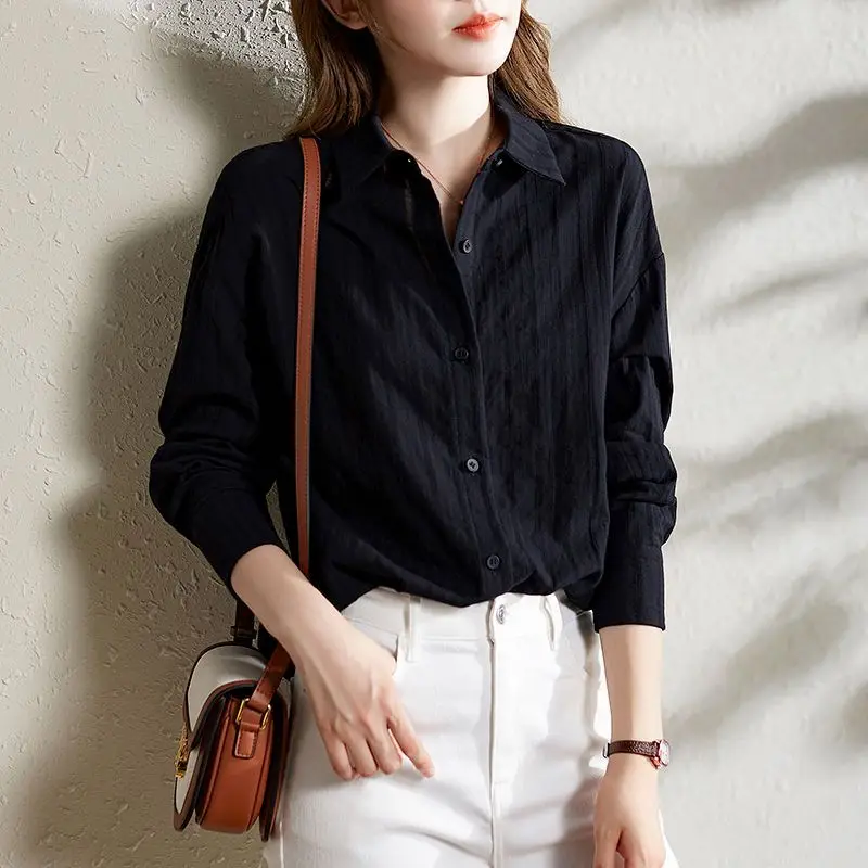 Spring Autumn Fashion Cotton Solid Shirts Women's Clothing Temperament Polo Neck Long Sleeve Single Breasted Korean Chic Blouses