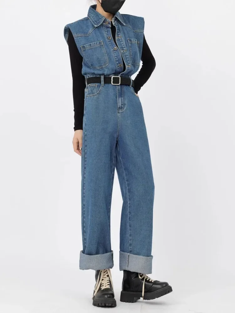 American Retro Denim Jumpsuit Women'S Spring And Autumn High-End Sense Flip Collar Workwear Wide Leg Pants