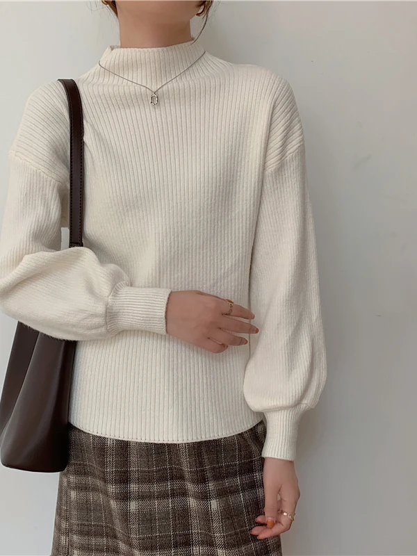 

2025 New Women's Knitted Sweater Chic High-End Feel f-High Collar Lantern Sve Base Layer Versatile Autumn Winter Trendy
