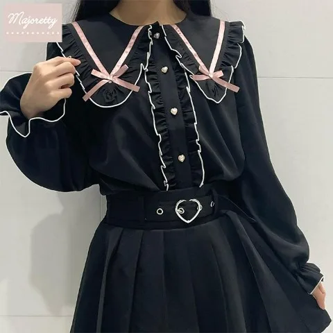 Kemeja Lucu Ruffles Pita Kerah Angkatan Laut Elegan Lengan Panjang Jepang Baru 2025 Atasan Hitam Longgar Serbaguna Pengurang Usia Anak Perempuan Manis