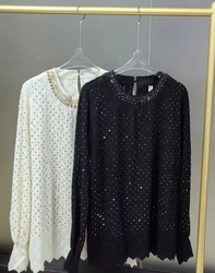 New In Autumn 2024 Sparkle Diamonds Stitch Oversized Long Lace Blouses Shirts For Women's Long Sleeve Casual Tops Blusas