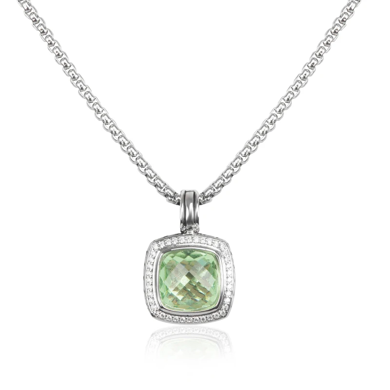 

14mm Square Green Zircon Stone Necklace And Pendants Copper Neck Box Chain Vintage Jewelry Accessories for Party