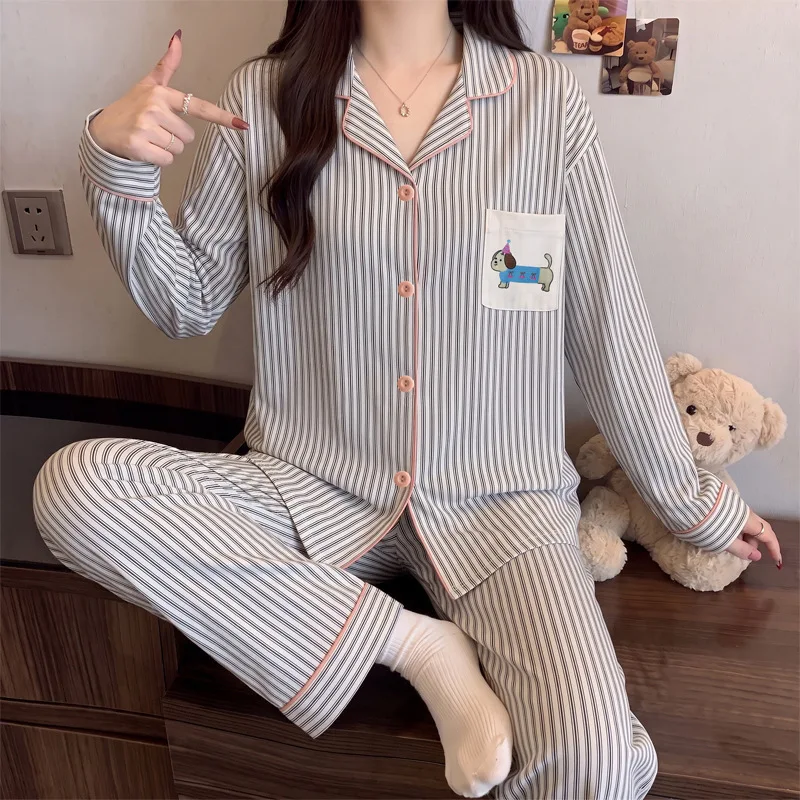 Autumn and Winter Women's Long Sleeved, Long Pants, Pajamas, Home Clothes Set, Striped Loose and Soft Two-piece Home Clothes Set