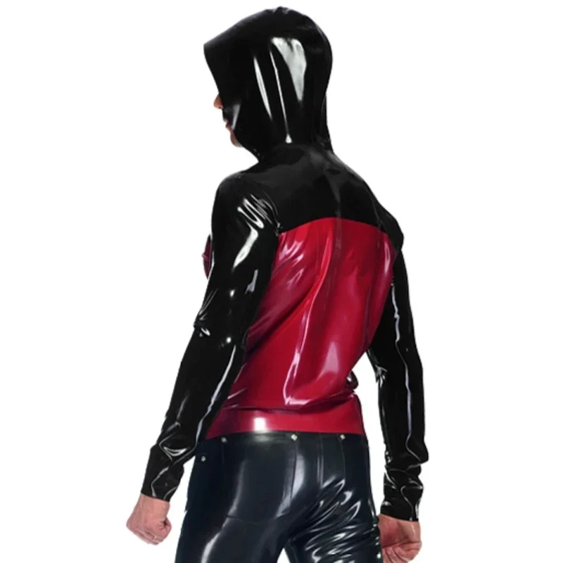 Black And Red Latex Jacket With Zippers Hoodies Figure Trims Rubber Coat Top Clothes