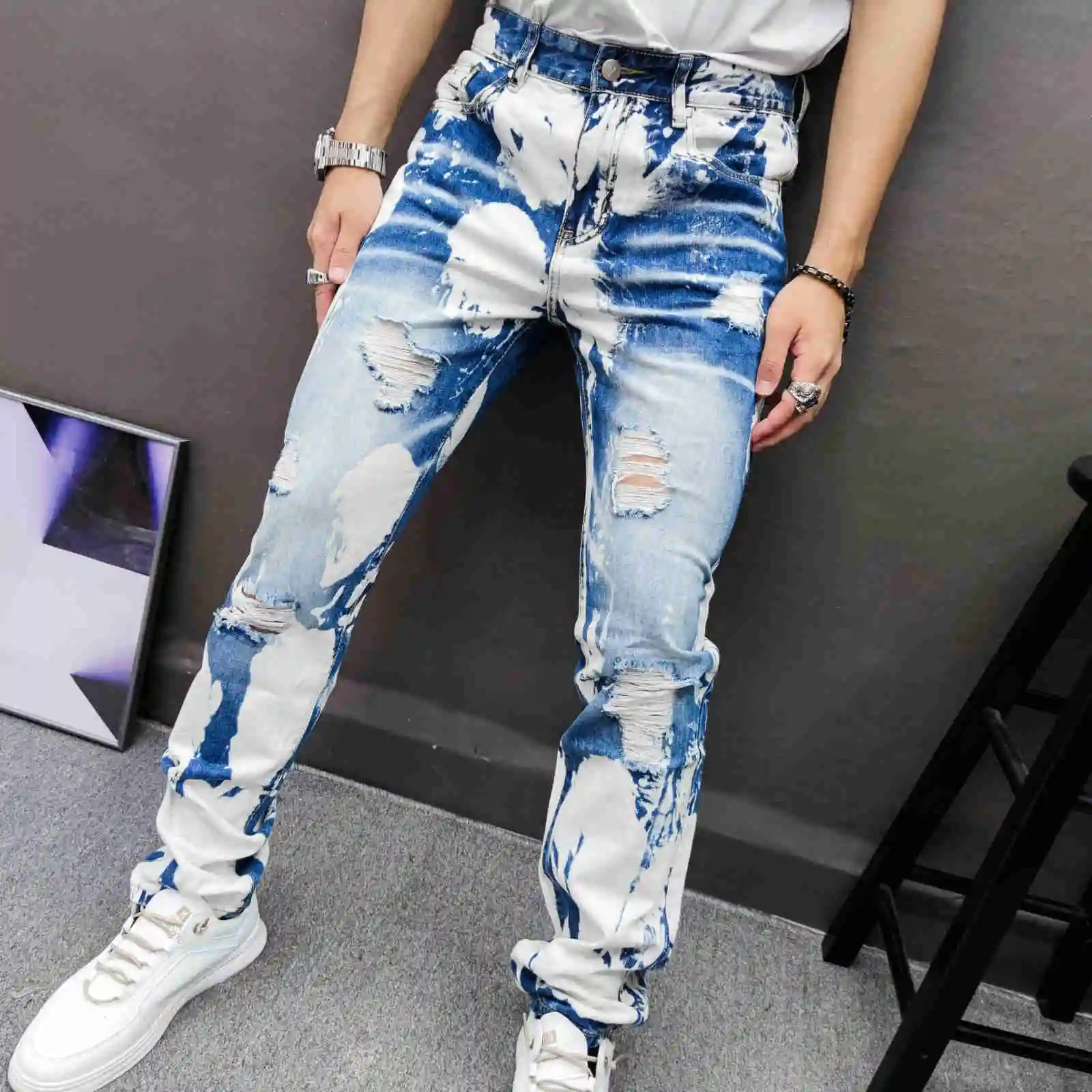 Jeans Graphic Mens Pant Skinny Jean Blue Pant Men Moda Hombre 2022 Paint Print Skinny Jean Men Erkek Jean Pantolon Jeans Homme