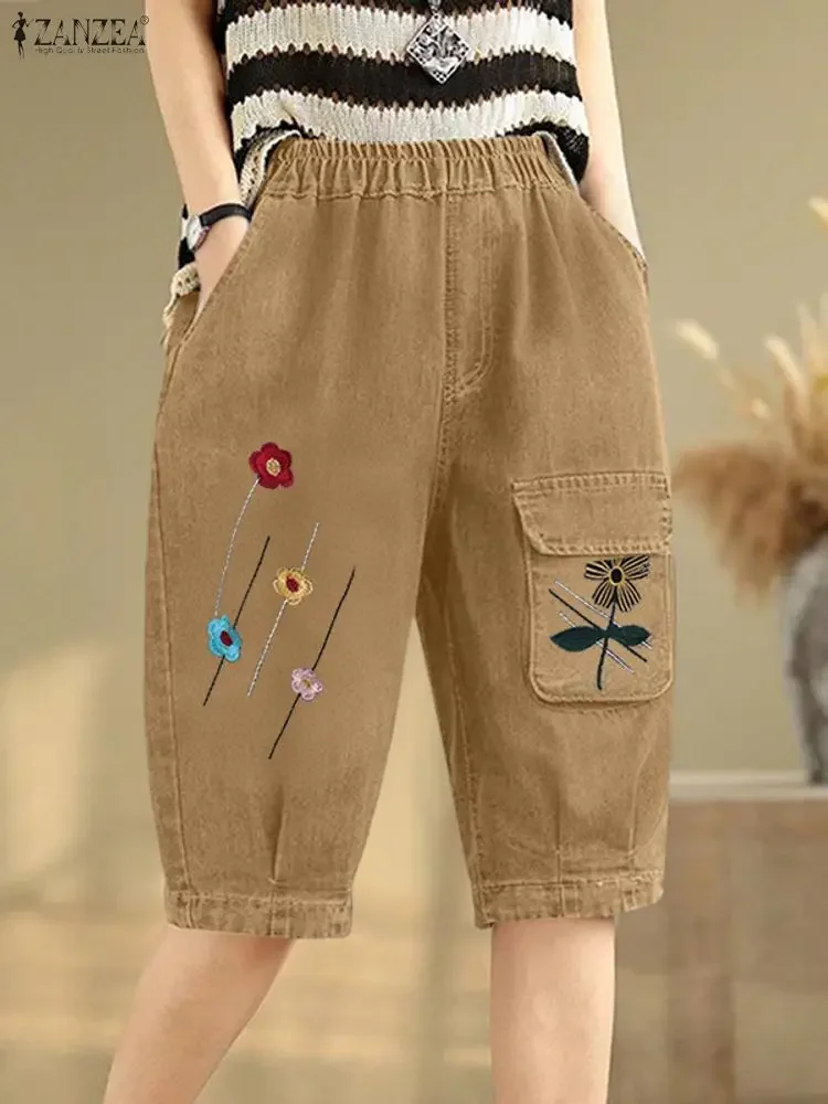 

ZANZEA Korean Style Denim Pants 2025 Women Casual Loose Elastic Waist Pockets Trousers Fashion Floral Printed Bottoms
