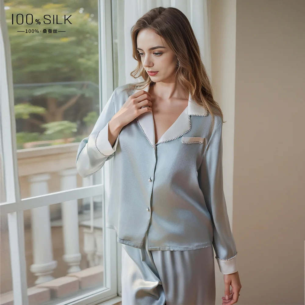 

19 momme 100% natural silk pajamas sets women sexy sweet fashion elegant long sleeve genuine silk pyjamas D2226
