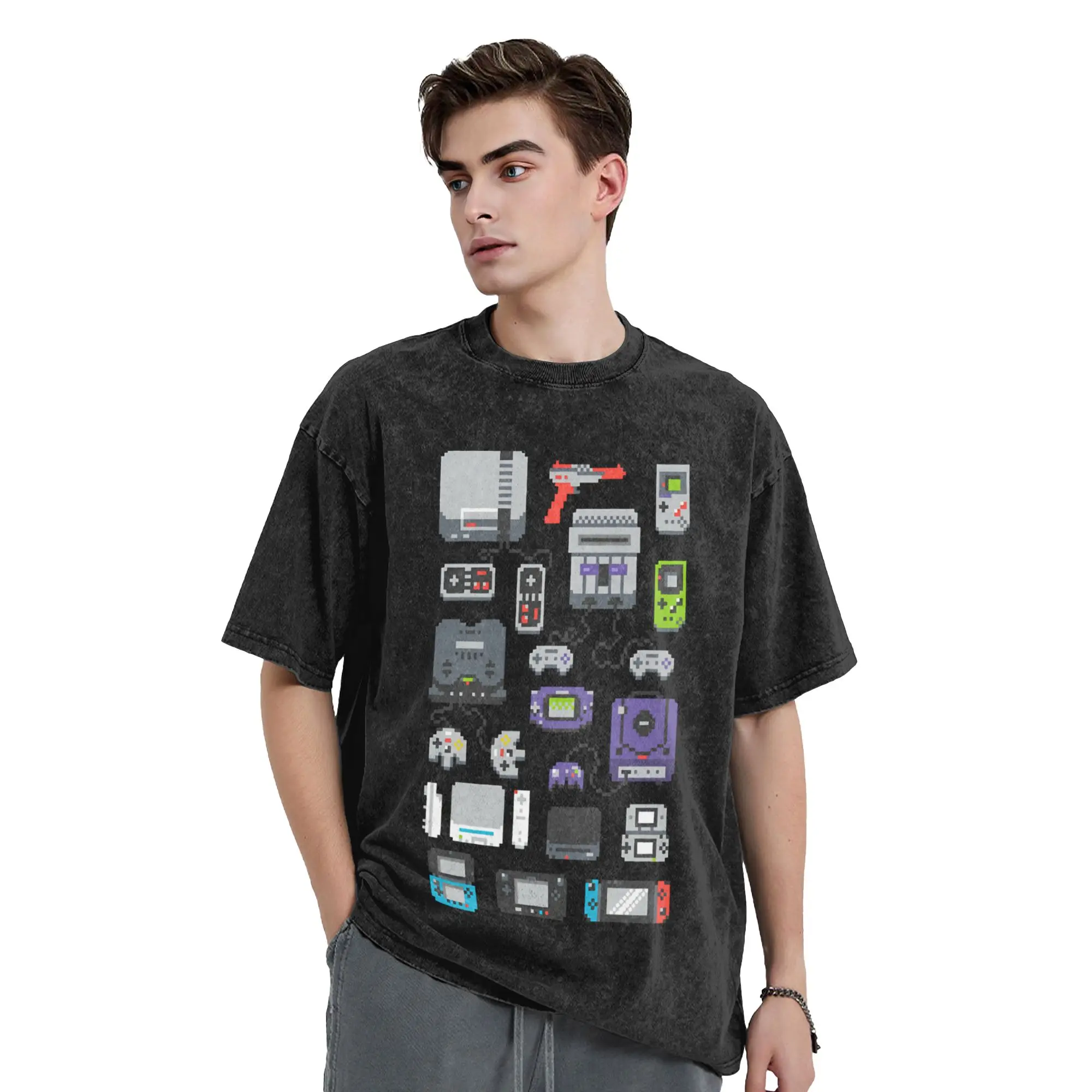 Washed T Shirt Super Pixel of my Childhood game console Vintage T-Shirts Harajuku Streetwear 100% Cotton Tee Shirt for Men Women