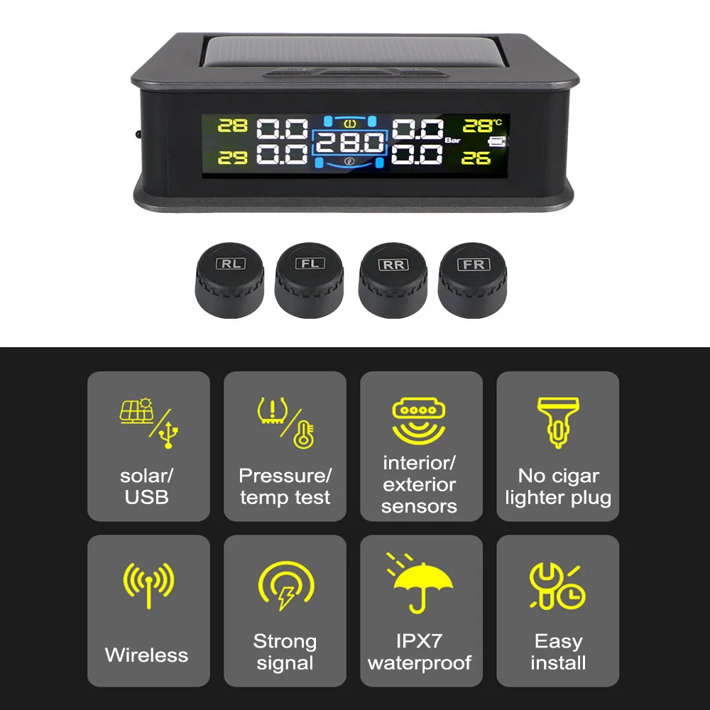 Sistema de monitoreo de presión de neumáticos, sistemas de alarma de seguridad automática, TPMS, pantalla LCD Digital, alimentado por energía Solar/USB