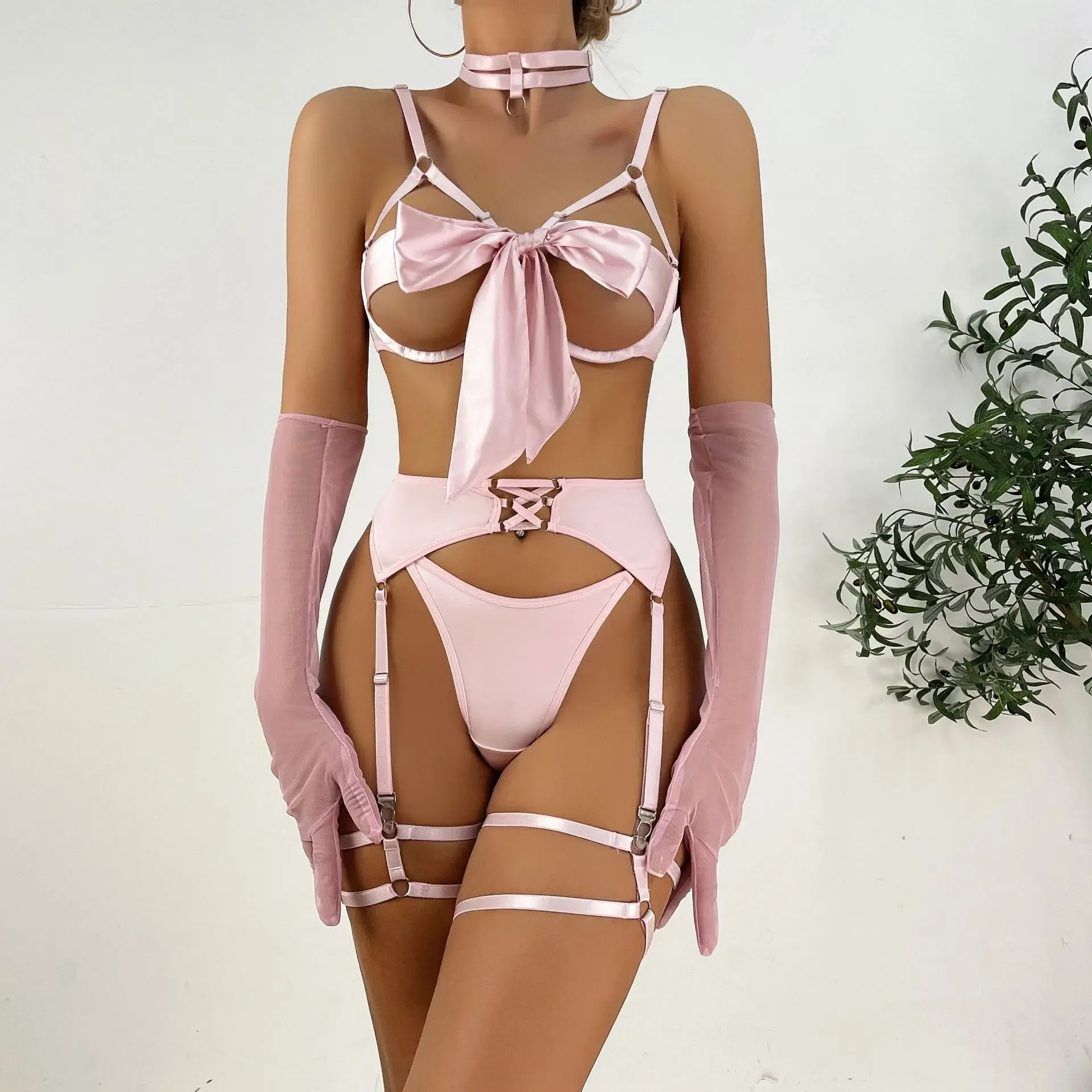 

Sexy Bandage Hollow Out Lingerie Set Women's Solid Stain Underwear with Long Gloves Six Pieces Set Female Exotic Apparel Suit