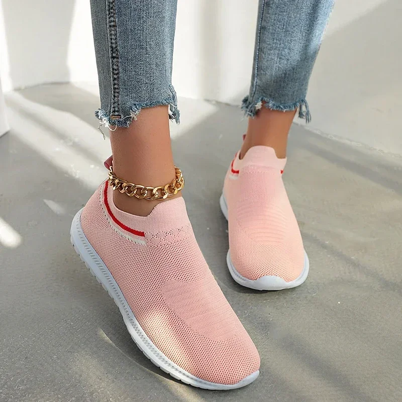 Big Size 44 Knitted Sneakers Women Autumn Women Shoes Low-top Breathable Womens Thick-soled Sneakers Mesh Slip-on Jogging Shoes