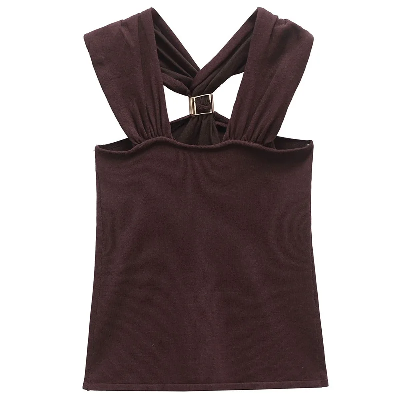 HXAO, Top corto con cuello Halter para mujer, camisetas sin mangas y camisola marrones ajustadas de punto para mujer, Tops ajustados sexis con hombros descubiertos y espalda descubierta para mujer, chalecos de moda