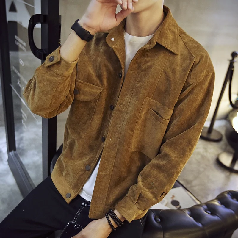 

Retro Trendy Men's Embroidered Corduroy Jacket Loose Casual Spring Autumn Outerwear Youthful Vitality Style Long Sleeve