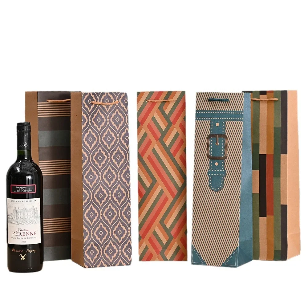 

12pcs Single Red Wine Bottle Handle bag Holiday Handle Gift Bags Creative Patterns Printed Kraft Paper Pouch 10.5x10x36cm