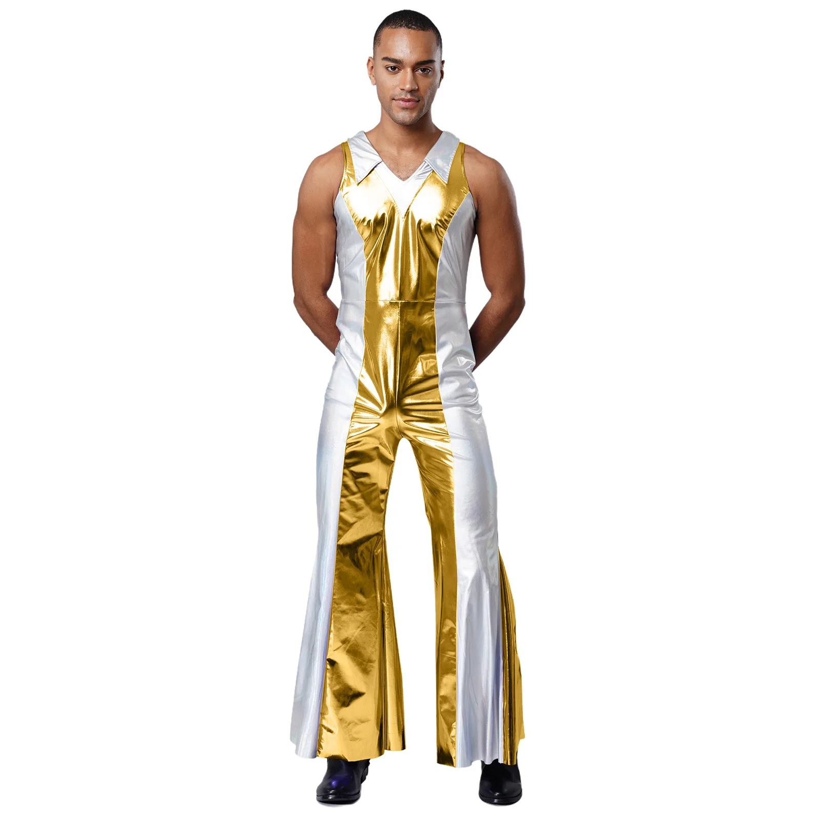 

70s 80s Disco Waltz Party Prom Raves Dance Jumpsuit Adult Men One Piece Flared Pant Rompers for Party Jazz Tap Tango Dancewear