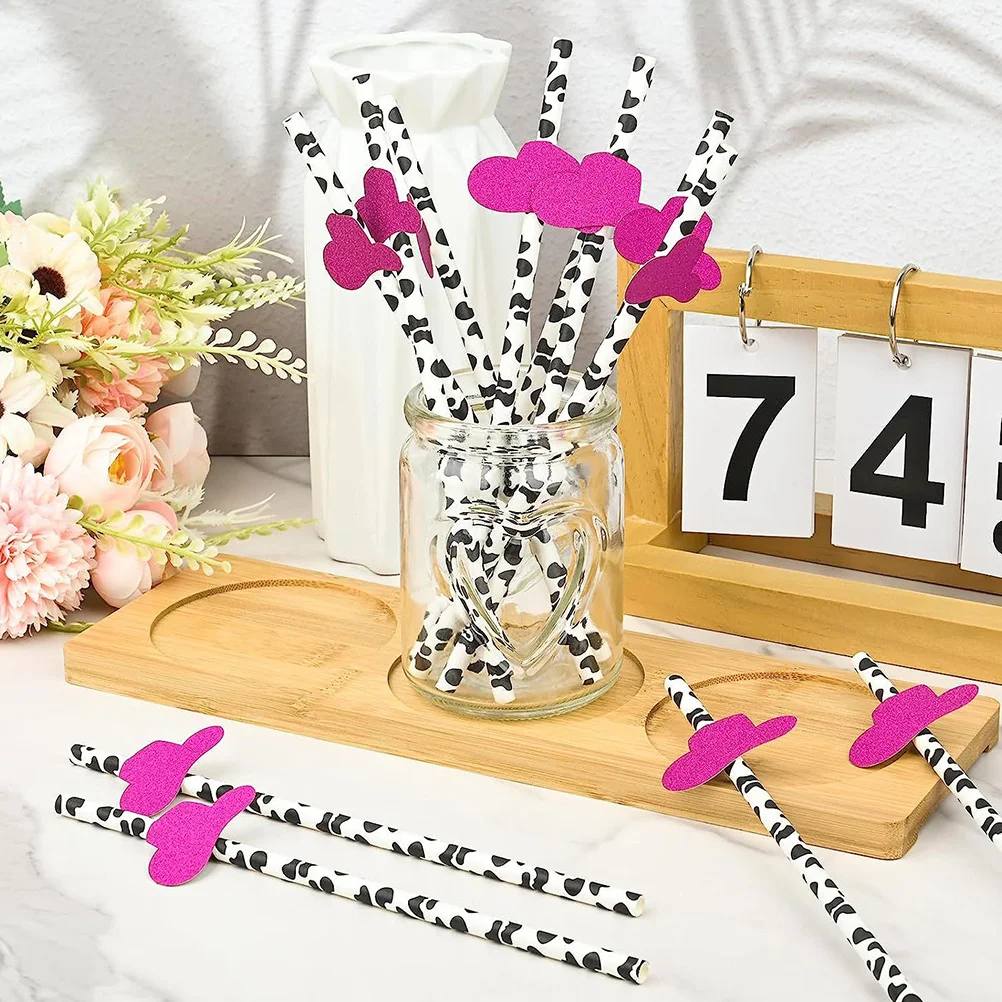 

30Pcs Cow Print Hat Straws Paper Drinking Straws for Parties Smooth Wall Easy Clean Cartoon Beverage Tools for Milk Tea Juice