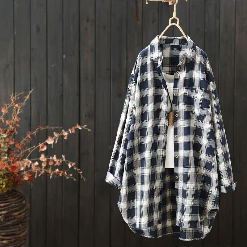 

Vintage Plaid Shirt Women Spring Autumn Flare Sleeves Loose Casual Top Summer Sunscreen Clothing Long Shirt Beach Cardigan