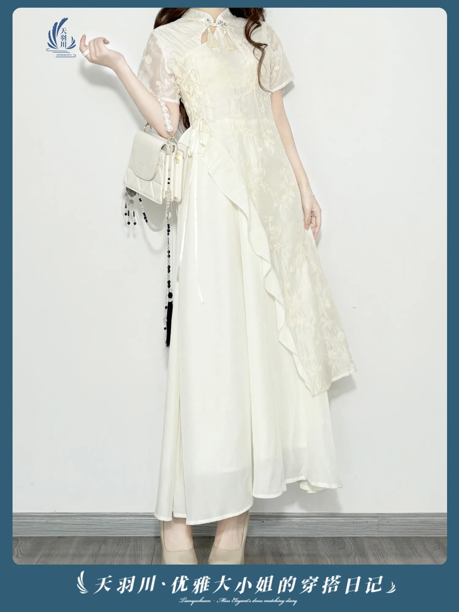 Elegant White Cheongsam Dress For Women Modern Chinese Style Qipao Asymmetrical Maxi Dress For Daily & Party - view 3