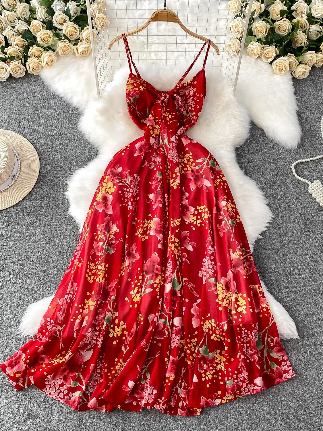 Beach Vaion Sle Sexy Tie V-ne Strap Dr Women Summer Ele Beautiful Floral Long Skirt High Waist A-line Dr