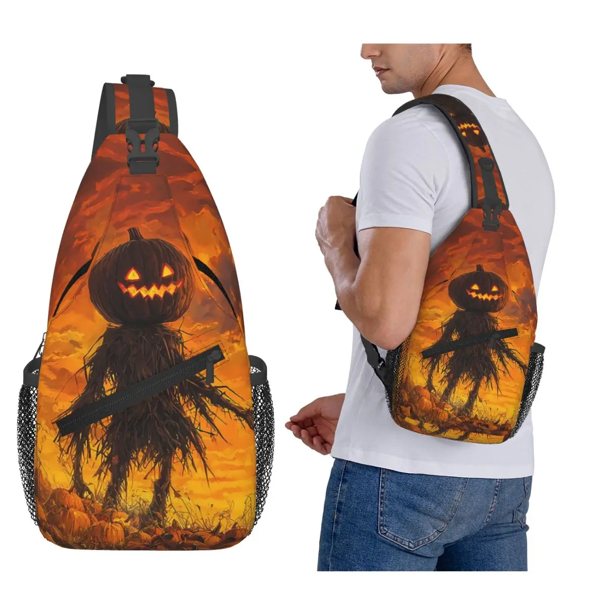 

Halloween Pumpkin Scarecrow Chest Bag Men Sling Crossbody Backpack Chest Bag Travel Hiking Daypack Shoulder Bag