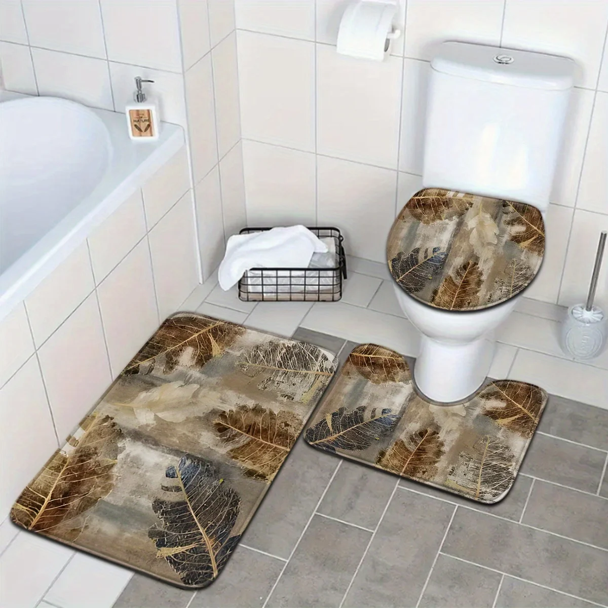 

Декор для ванной комнаты с узором мертвого листа, 3 шт., полиэфирная ткань, можно стирать в машине, U-образный коврик, коврик для ванной комнаты, коврик для сиденья унитаза
