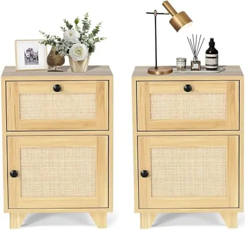 

Rattan Nightstand Set of 2, Nightstands Set 2 with Handmade Rattan Decorated Door Mid Century End Tables, Rattan Side Tables Se