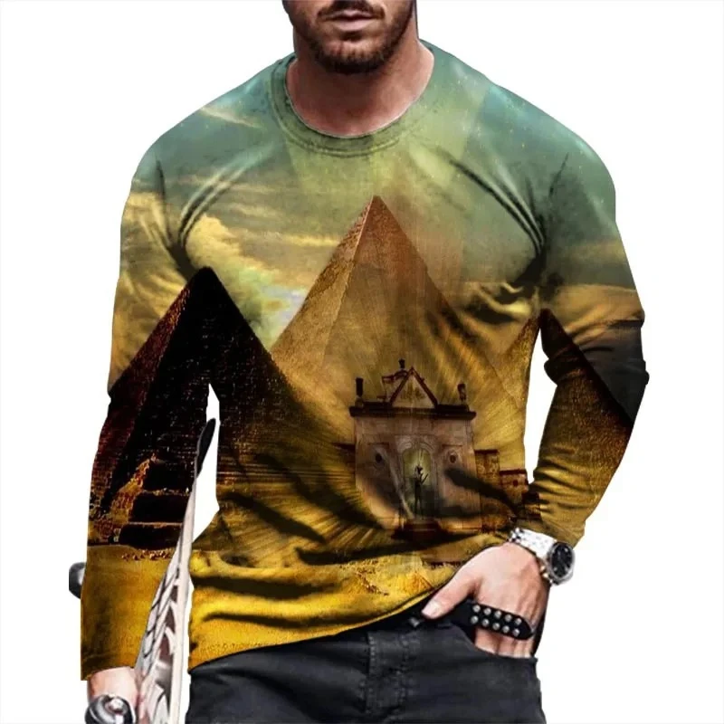 Egyptian Pyramids Printing Men's T Shirt Retro Streetwear Long Sleeve Round Neck T Shirts Fashion Personality Novel 2024 Tee Top