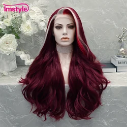 Imstyle-peluca sintética con malla frontal para mujer, cabellera larga ondulada, color rojo oscuro y blanco, resistente al calor, para Cosplay