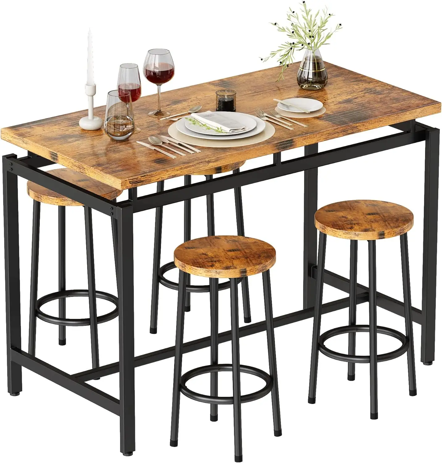 Mieres Dining Table Set For 4, Wood Kitchen Table And Chairs For 4, 5 Pieces Bar Table And Chairs Set, Industrial Bar Height