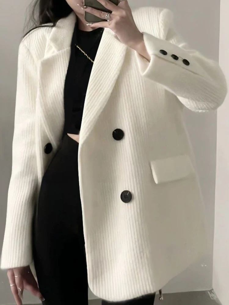 Winter Korean Fashion White Blazer Women Elegant Single Breasted Design Casual Coat Outerwears Vintage Chic Trend Lady Jackets