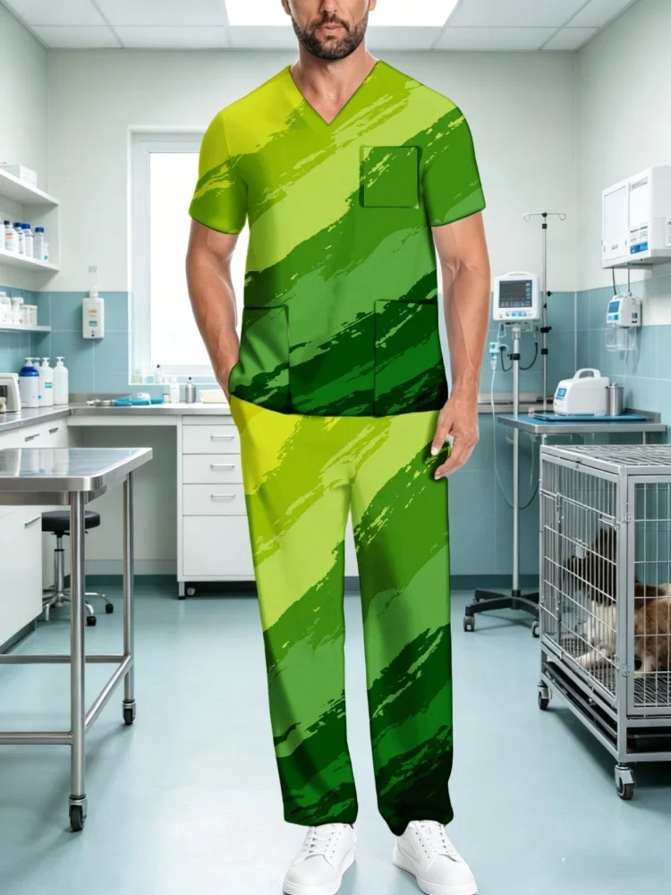 Hot Sale Mens Printed Medical Scrubs Uniform Multi Pockets Stretch Healthcare Workwear Green Ombre Pattern Scrub Suit view 3