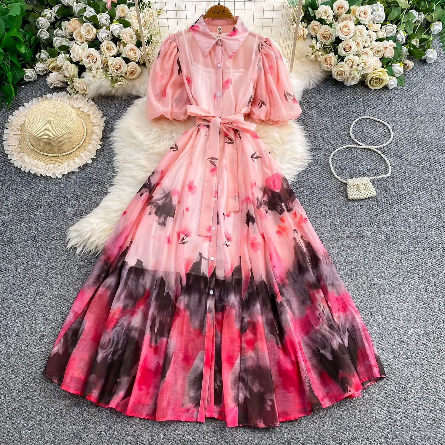 

Summer Women Tie Dye Gradient Floral Shirt Dress Lantern Sleeve High Waist A Line Maxi Dress Elegant Office Lady Beach Sundress