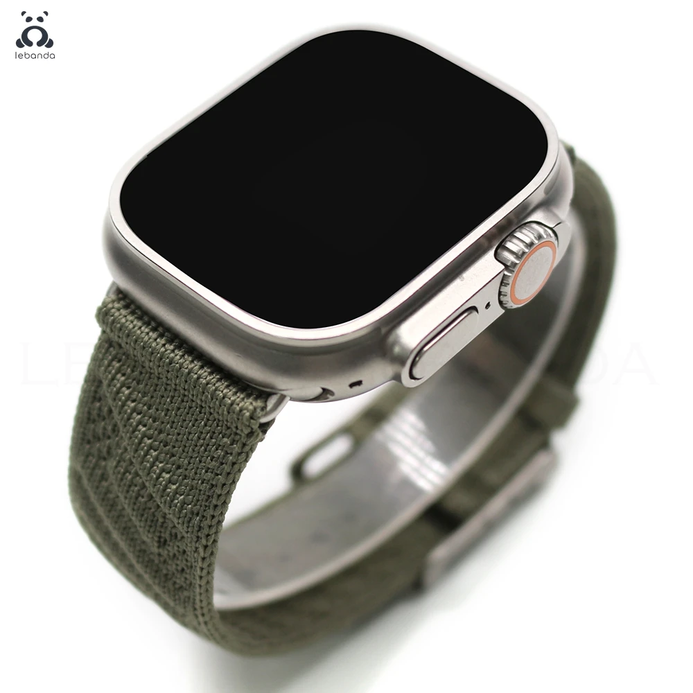 apple-watch-ultra-3、2シリーズ、11、10対応のlebandaスポーツストラップ、en-merバンド、グレーチタン、オーシャンウェーブ柄、ポリアミド製カスタムバックル