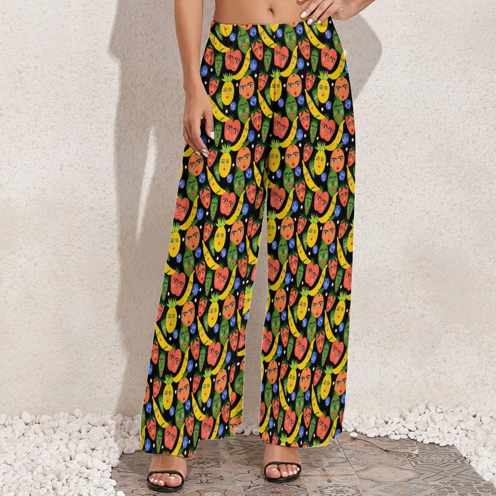 Fruit Print Pants Funny Fruit Salad Casual Wide Leg Pants Woman Oversized Beach Custom Straight Trousers