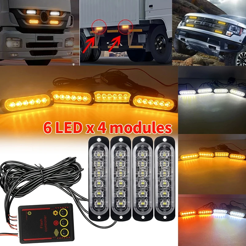 4pcs 6 Led Strobe Side Warning Lights 12V-24V Strobe Grille Flashing Lightbars Cars Truck Beacon Lamp Amber Traffic Lights White