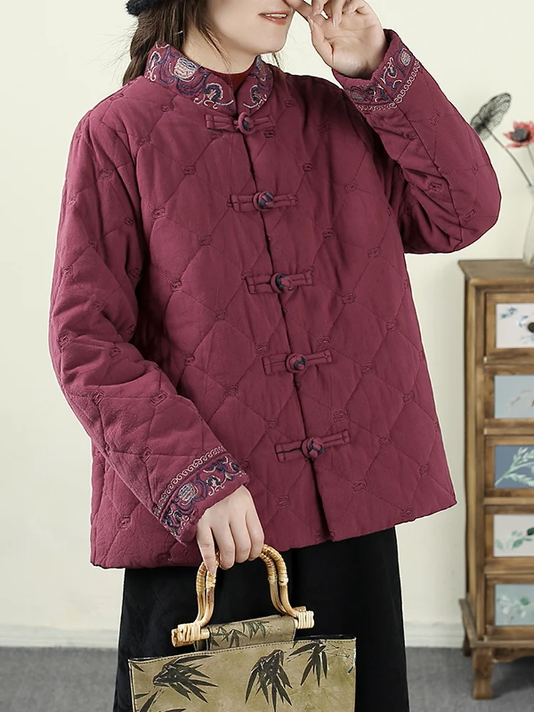 

Новая китайская стеганая куртка из хлопка и льна с вышивкой и пуговицами, женская, с воротником-стойкой, осенне-зимняя