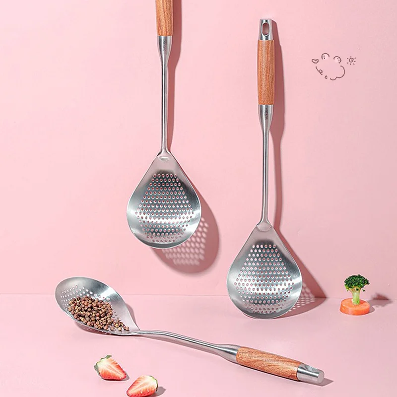 

Stainless Steel Kitchenware Cooking Strainer With Wood Handle Pepper Seasoning Colander Sieve Utensils Filter Scoop Spoons