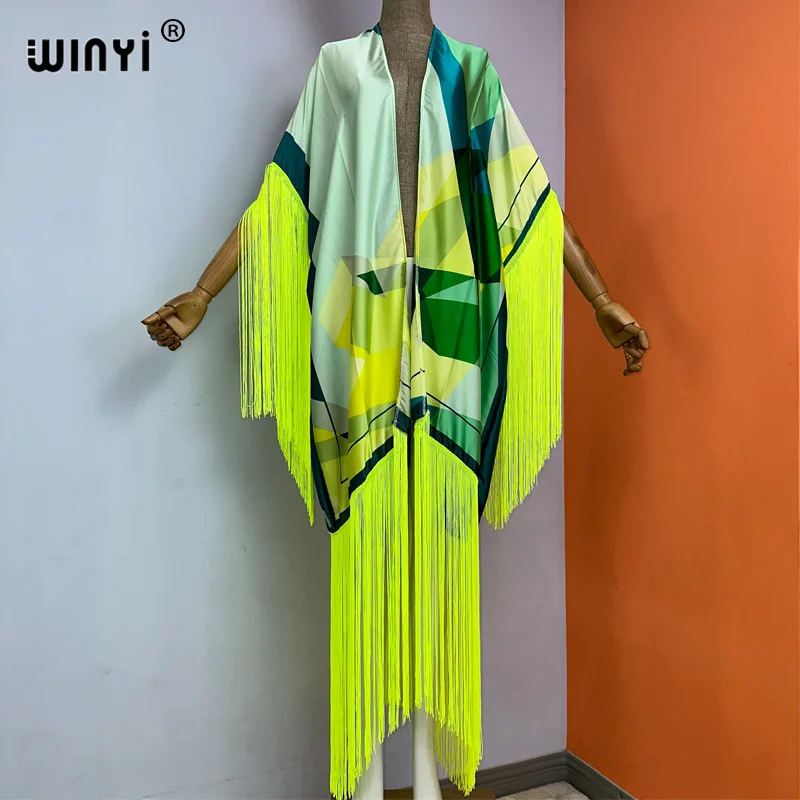 WINYI kimono cover-up new summer boho print Bikini Cover-up Elegant fashion Cardigan sexy Holiday long Sleeve tassels maxi dress