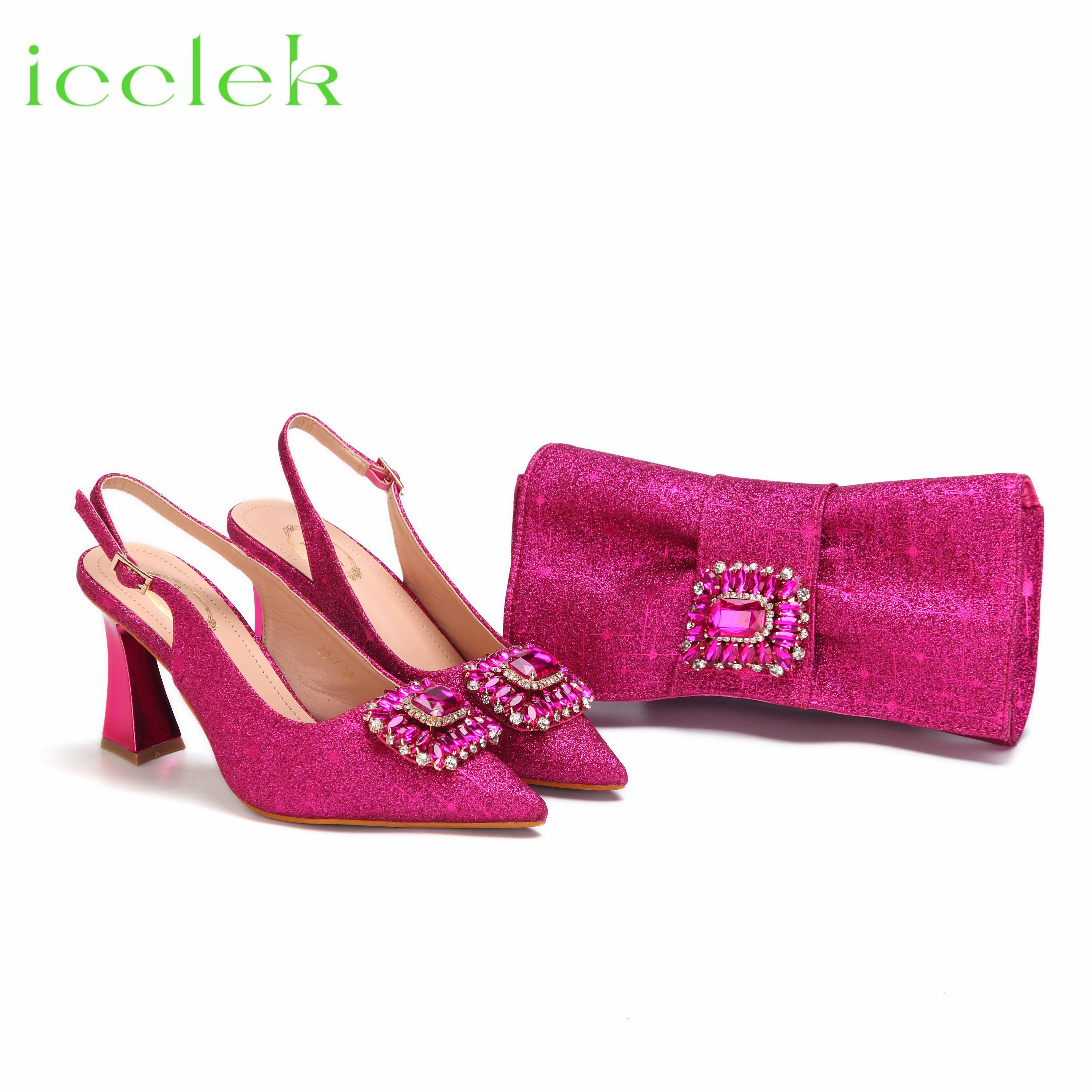 Nigeria Popular New Elegant Fuchsia Color Chunk Heels Sandals for Simple And Versatile Exquisite Party Shoes And Bag Set