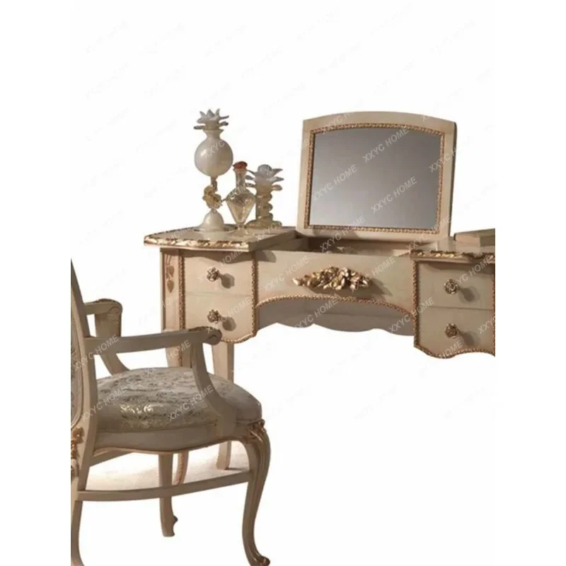 Customized Carved Dressing Table  Cover Storage Makeup Table Ivory White Gold Distressed Make-up Chair Combination