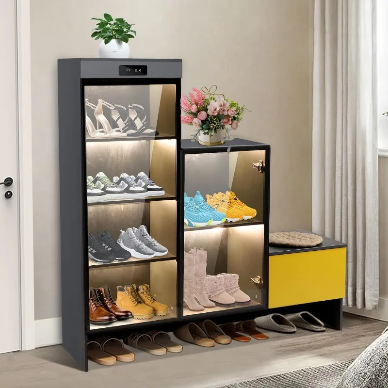 

home.Shoe Cabinet/Rack LED Can Purify The Air,IntelligeFunction Standorganic Reinforced Glass Door with Reinforced Hinges Grey
