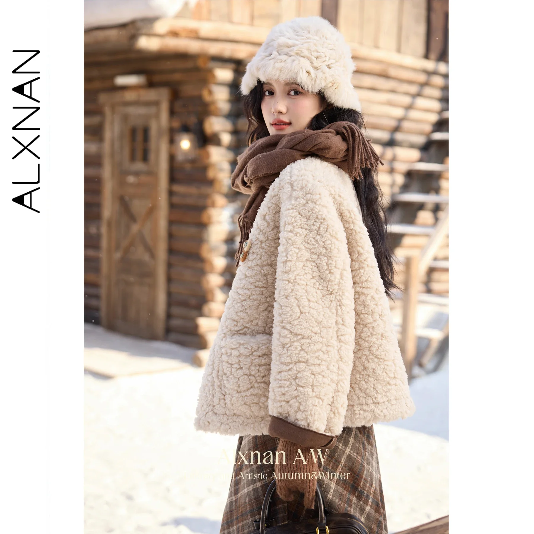 

ALXNAN Khaki Jacket Short Round Neck Single Breasted Wool Warm Women's Coats 2025 Autumn Winter Casual Ladies Outerwears L523122