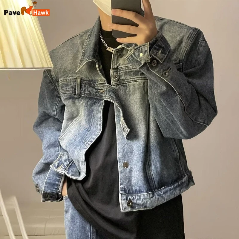 Mens Cropped Denim Jacket Korean Fashion Vintage Turn-down Collar Belt Design Single Breasted Male Denim Coat American Style