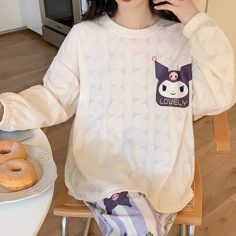 

Sanrio Kulomi silk pajamas women's autumn pure cotton long-sleeved trousers comfortable casual loose loungewear pajamas set