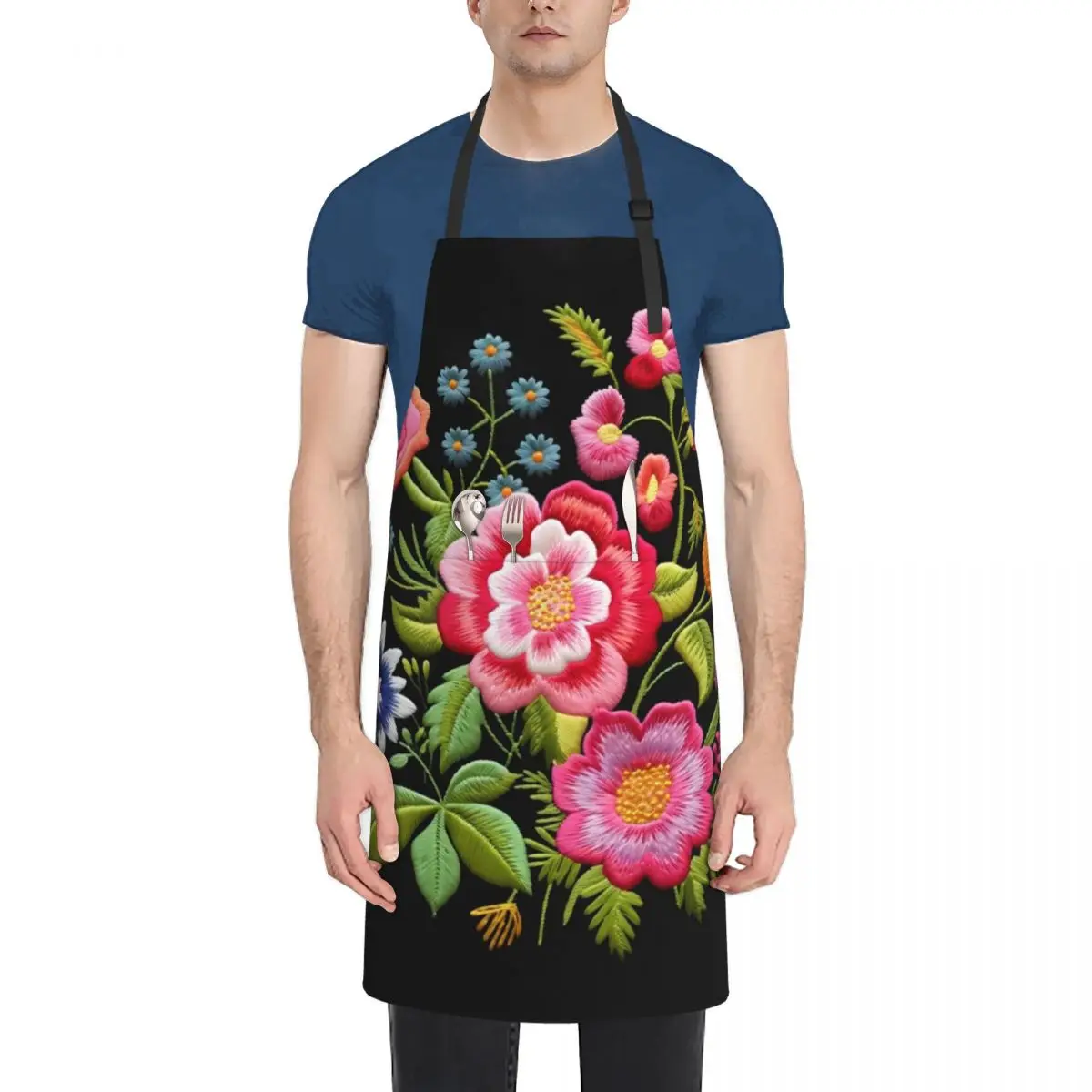 

Floral Delights and Cultural Elegance: Flowers Embroidery Print Apron restaurant accessories Woman Kitchen Apron