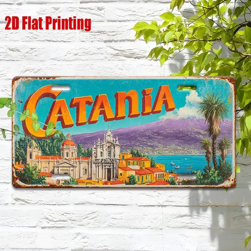 2D-Flach, 2D-Flachebene, 1 Stk. Vintage Catania Italien Metall-Blechschild – Sizilien-Landschaft Wandkunst 30,48 cm x 15,24 c