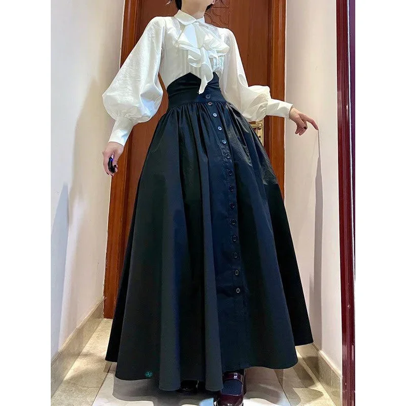 Large size retro lantern sleeve shirt women's spring and autumn high-end black skirt