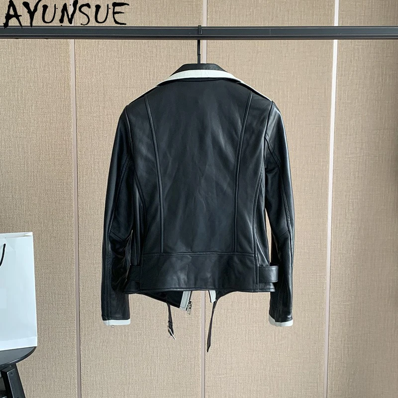 AYUNSUE 100% ของแท้Sheepskinหนังสตรีแฟชั่นรถจักรยานยนต์หนังแจ็คเก็ตเสื้อผ้าผู้หญิง 2025 ฤดูใบไม้ร่วงAbrigo Mujer