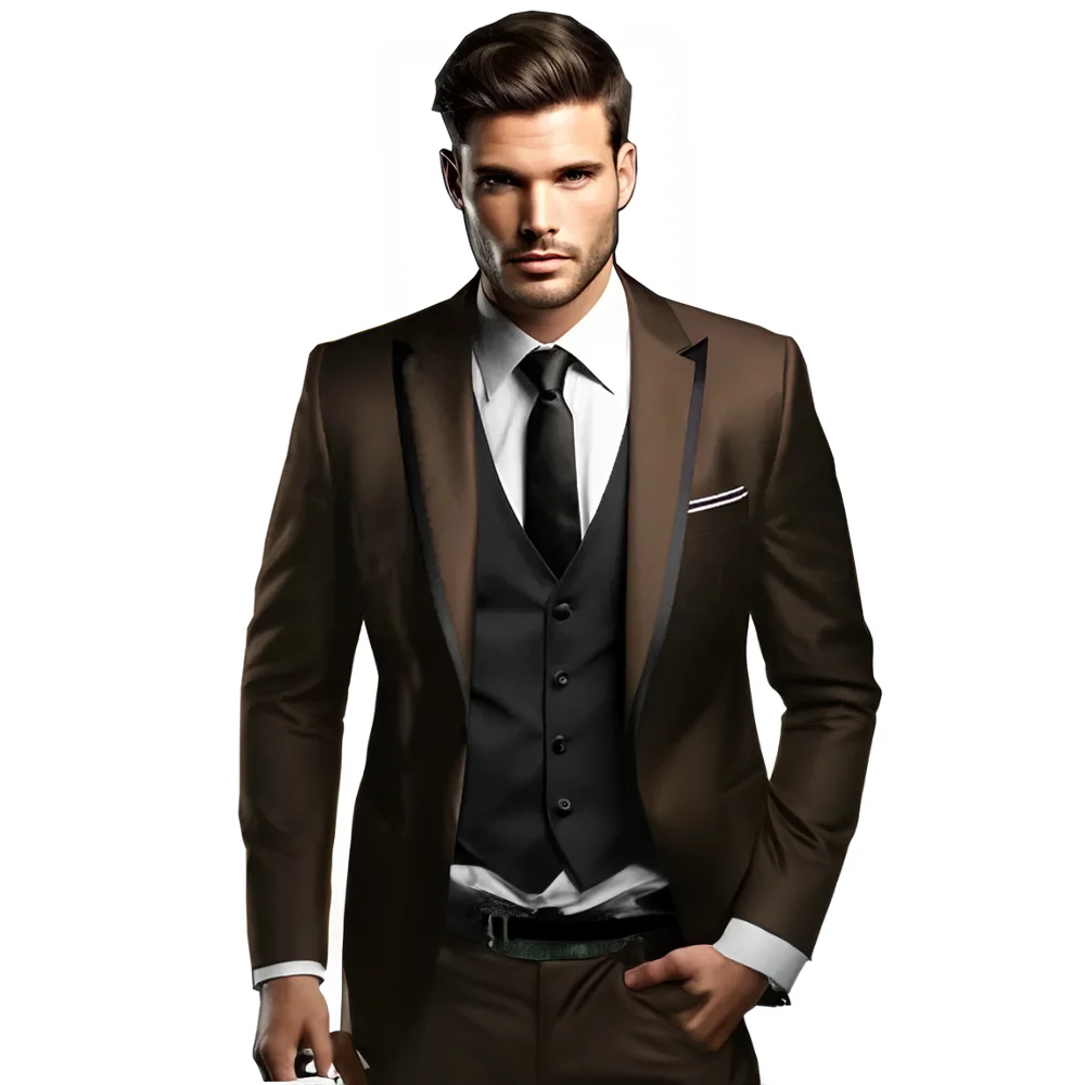 Brown Men\'s Suit 3-piece Black Vest Wedding Groom Tuxedo Formal Party Dress Slim Fit Blazer Pants Vest
