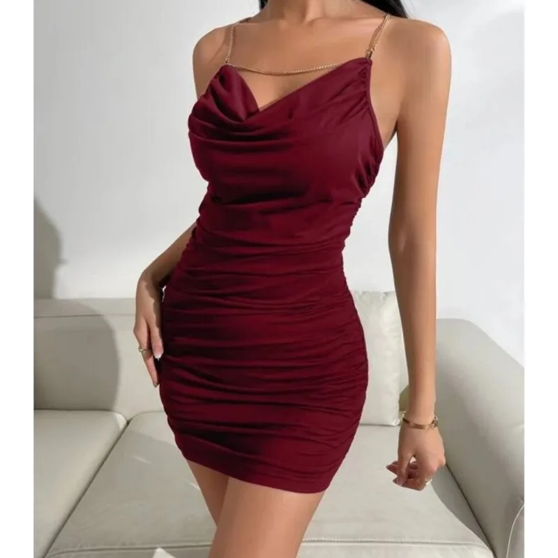 

2026 New Fashion Women's Spaghetti Straps Casual Hood Collar Pleated Slim Fit Mini Dress Party